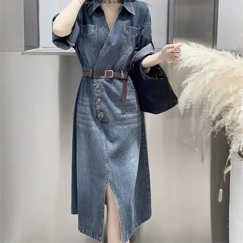 轻奢牛仔连衣裙女2025夏季新款韩版宽松洋气休闲高级感开叉长裙子
