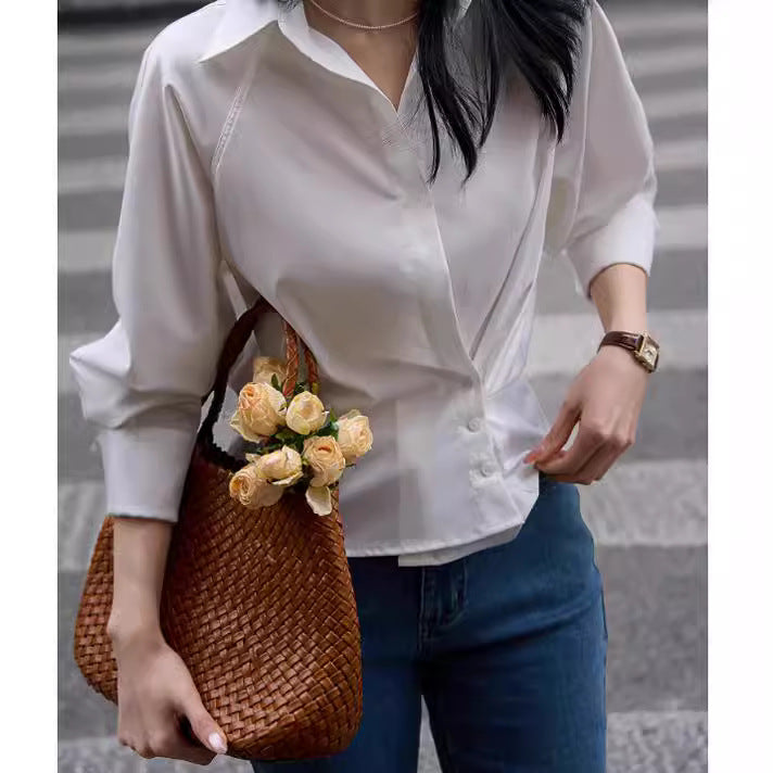 2025设计感斜扣白衬衫不对称灯笼袖上衣春装女装春夏女式白色衫衣