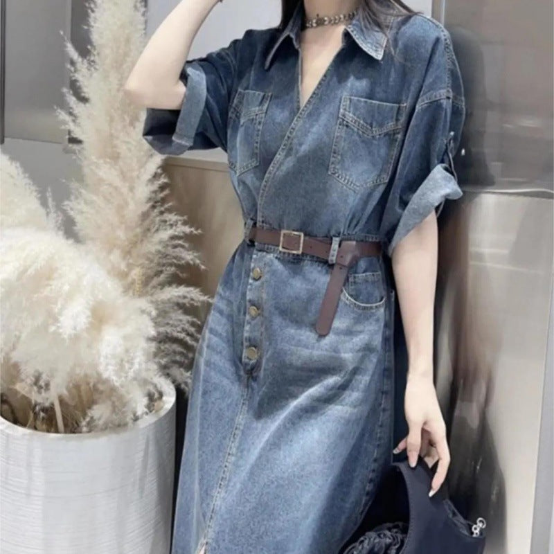轻奢牛仔连衣裙女2025夏季新款韩版宽松洋气休闲高级感开叉长裙子