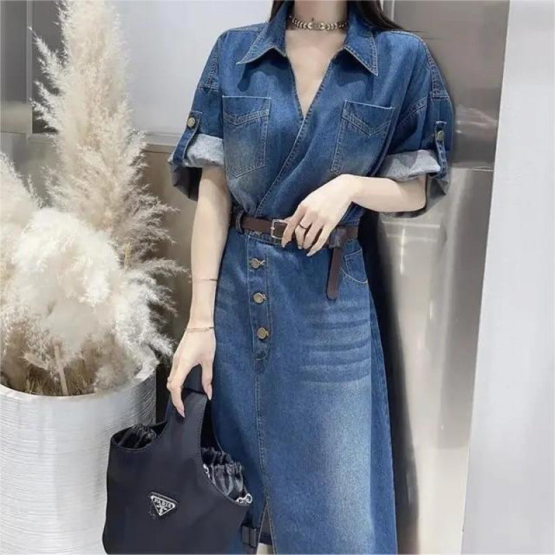 轻奢牛仔连衣裙女2025夏季新款韩版宽松洋气休闲高级感开叉长裙子