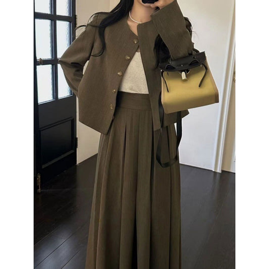 小香风穿搭一整套女冬季新款蝴蝶结西装外套百褶裙小香风两件套装