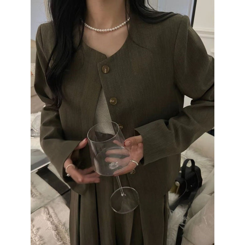 小香风穿搭一整套女冬季新款蝴蝶结西装外套百褶裙小香风两件套装