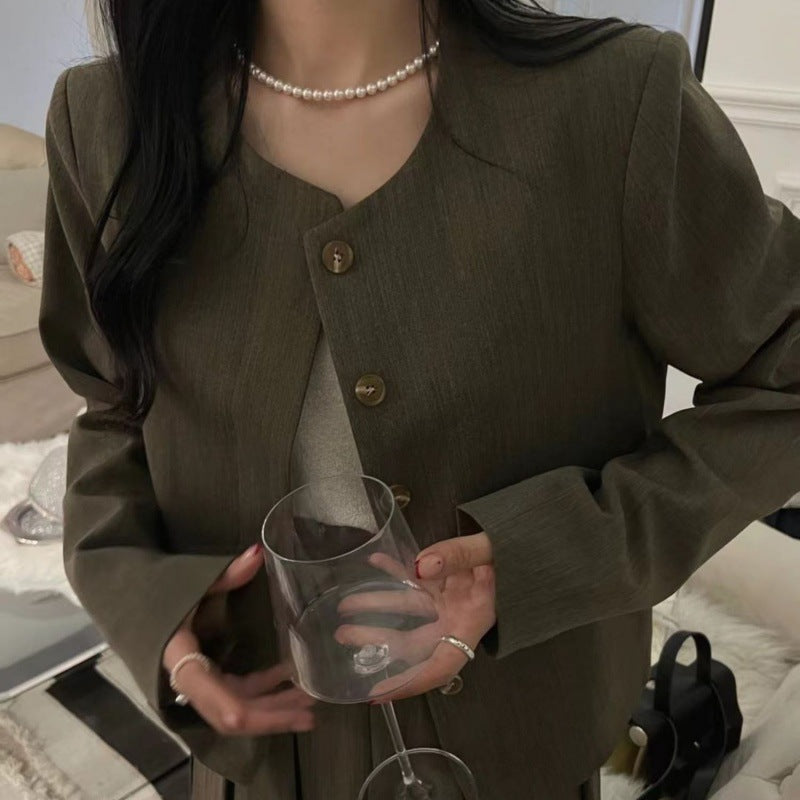 小香风穿搭一整套女冬季新款蝴蝶结西装外套百褶裙小香风两件套装