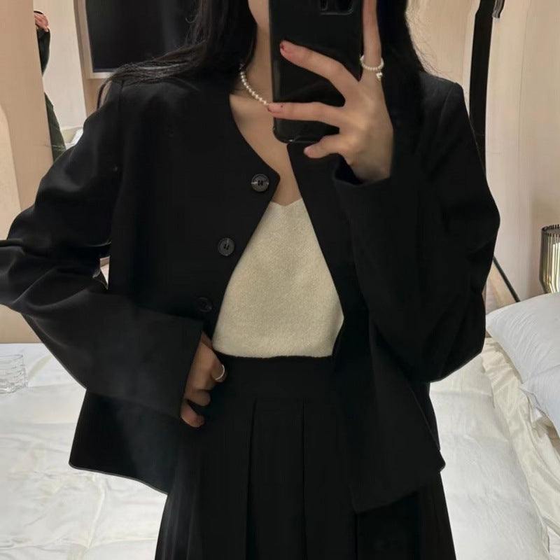 小香风穿搭一整套女冬季新款蝴蝶结西装外套百褶裙小香风两件套装
