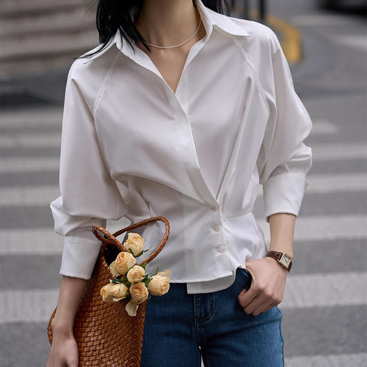 2025设计感斜扣白衬衫不对称灯笼袖上衣春装女装春夏女式白色衫衣