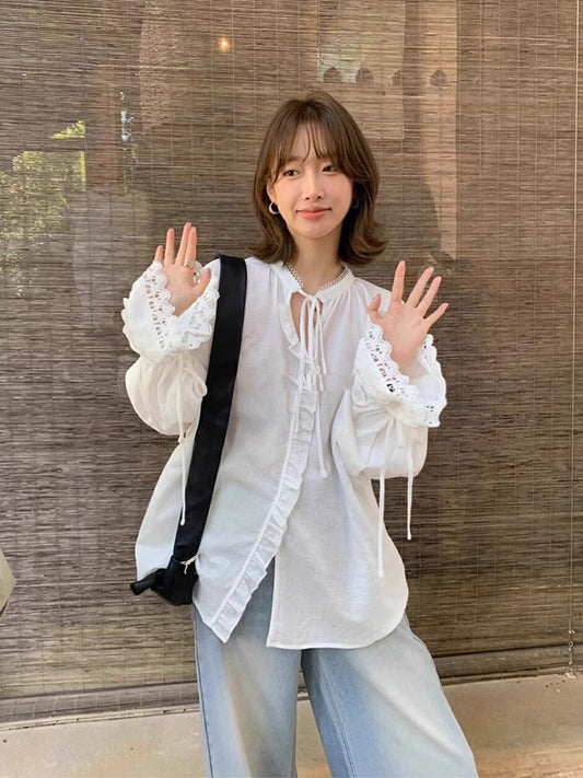2025新款春秋款女白色防晒长袖宽松衬衣法式气质荷叶袖上衣外套
