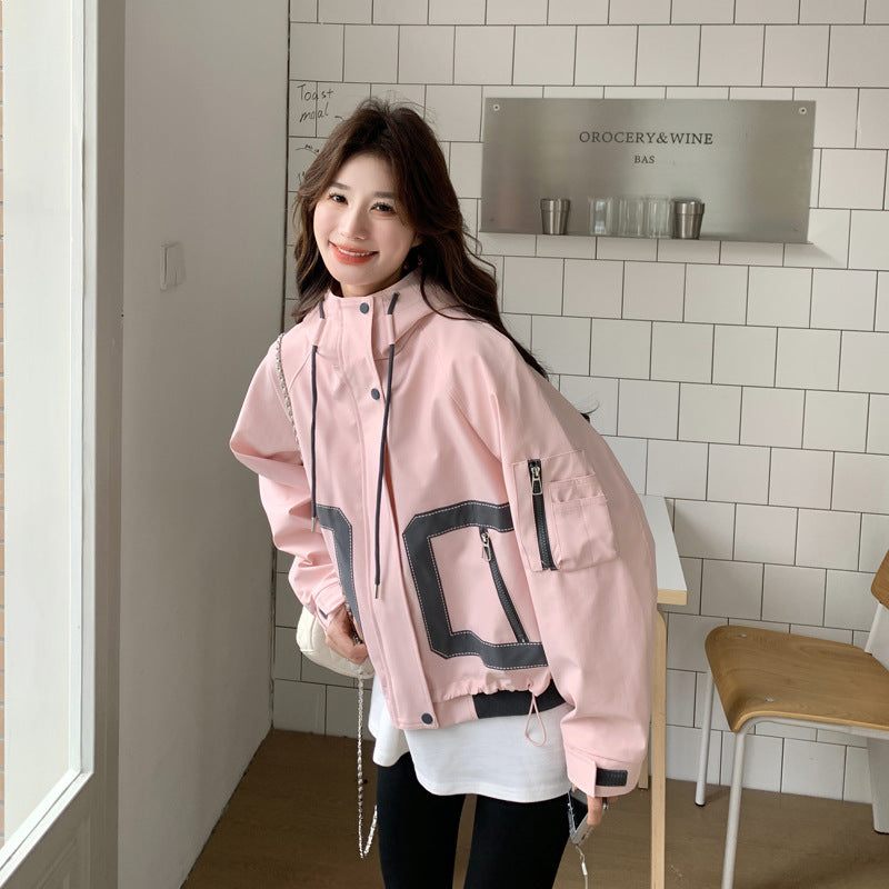粉色设计感假两件休闲外套女连帽设计2025春季新款时尚工装风夹克