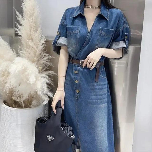 轻奢牛仔连衣裙女2025夏季新款韩版宽松洋气休闲高级感开叉长裙子