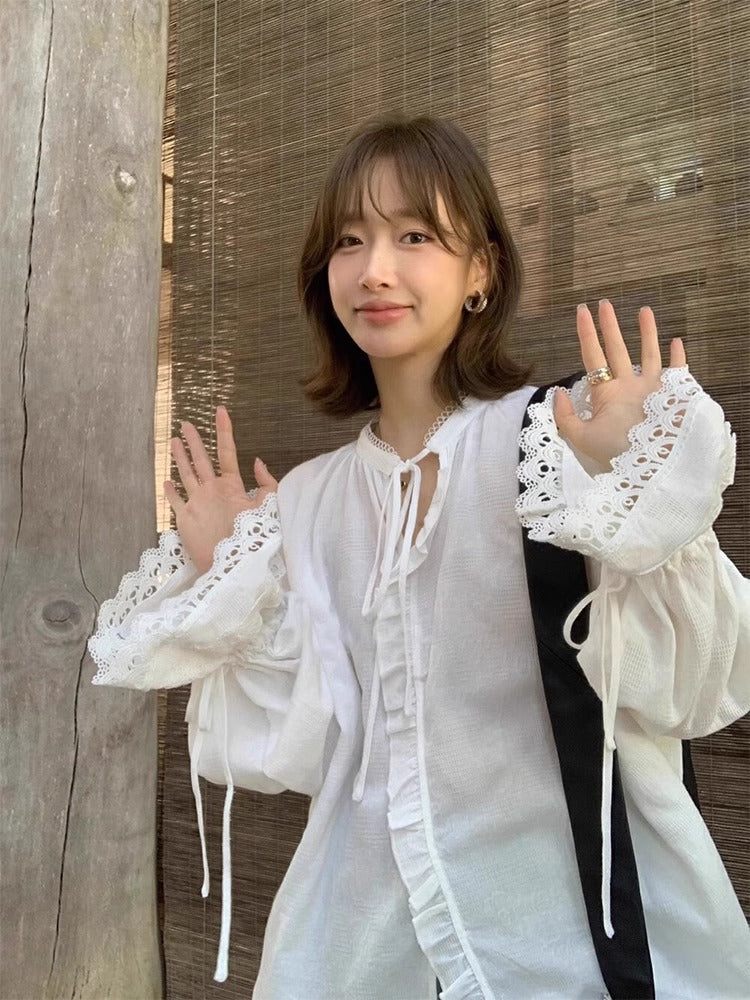 2025新款春秋款女白色防晒长袖宽松衬衣法式气质荷叶袖上衣外套