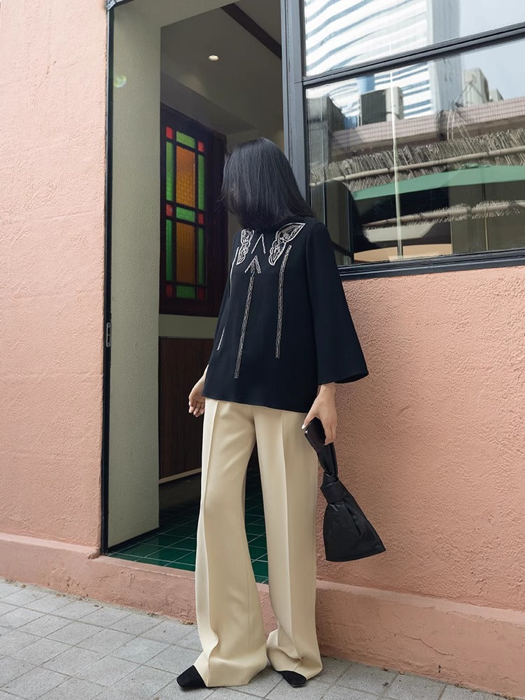 2025春季新款时尚显瘦针织七分袖妈妈装高档宽松镂空烫钻上衣女装