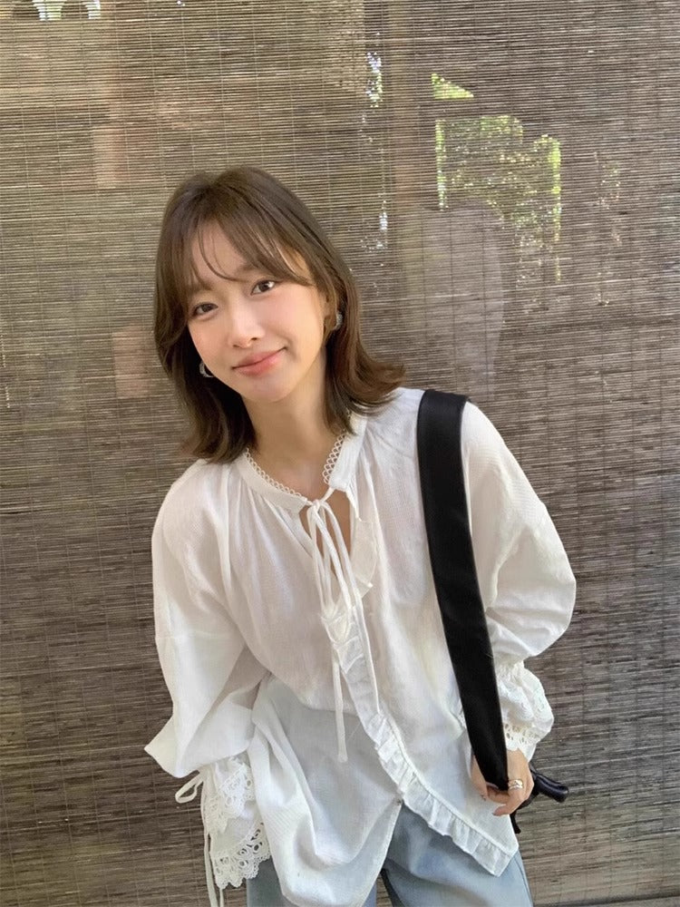 2025新款春秋款女白色防晒长袖宽松衬衣法式气质荷叶袖上衣外套