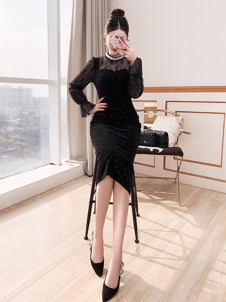 赫本风丝绒连衣裙女春秋气质名媛风出席重要场合的穿搭高端礼服裙