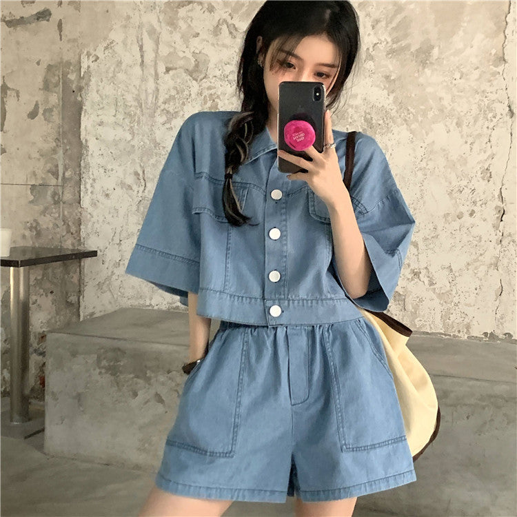2025年夏季新款韩版小个子洋气两件套女宽松牛仔短外套短裤套装潮