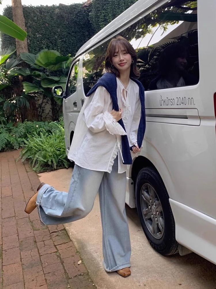 2025新款春秋款女白色防晒长袖宽松衬衣法式气质荷叶袖上衣外套