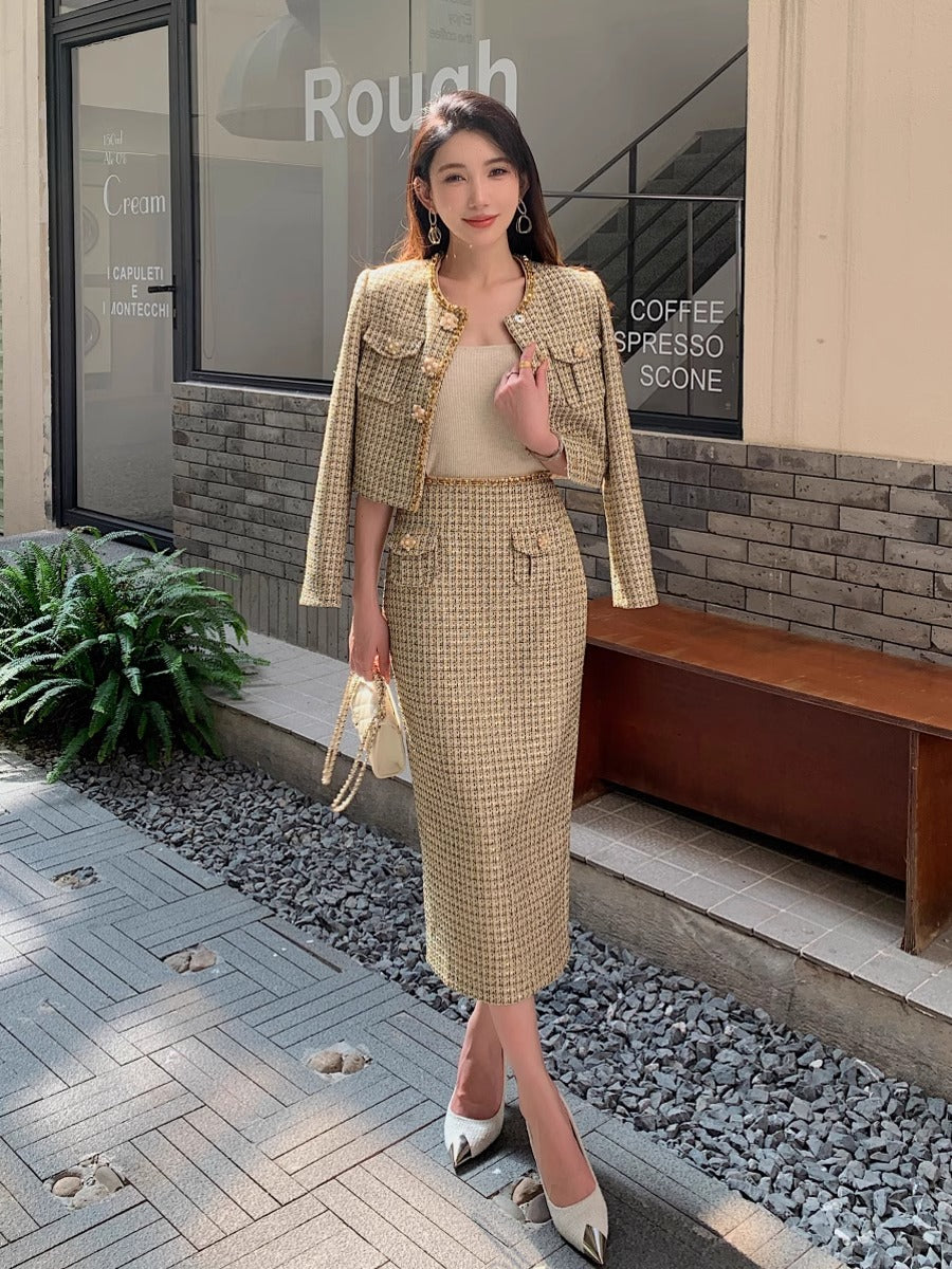 名媛小香风时尚气质法式长袖外套背心连衣裙半身长裙小香风套装女