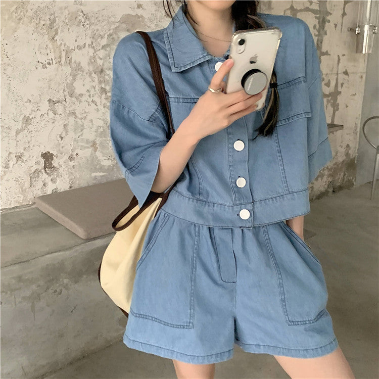2025年夏季新款韩版小个子洋气两件套女宽松牛仔短外套短裤套装潮