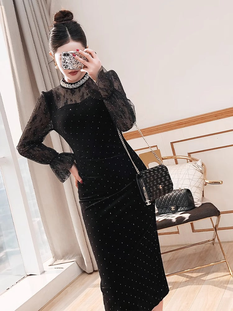 赫本风丝绒连衣裙女春秋气质名媛风出席重要场合的穿搭高端礼服裙