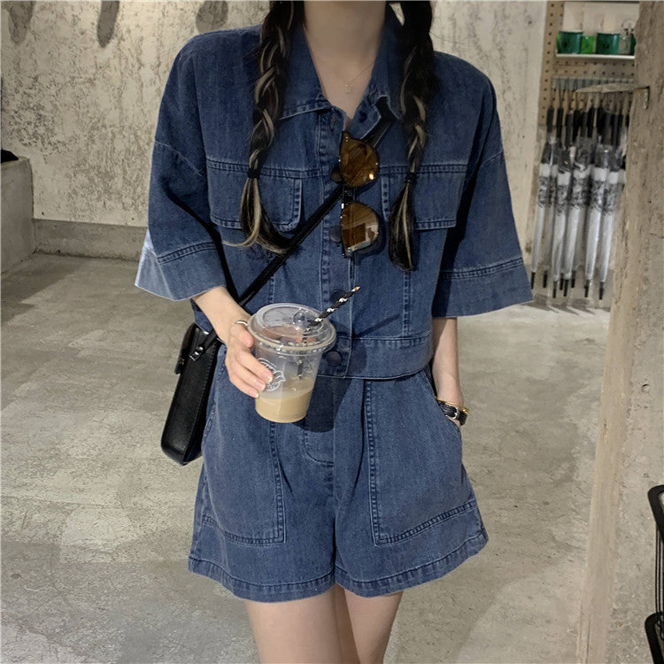 2025年夏季新款韩版小个子洋气两件套女宽松牛仔短外套短裤套装潮
