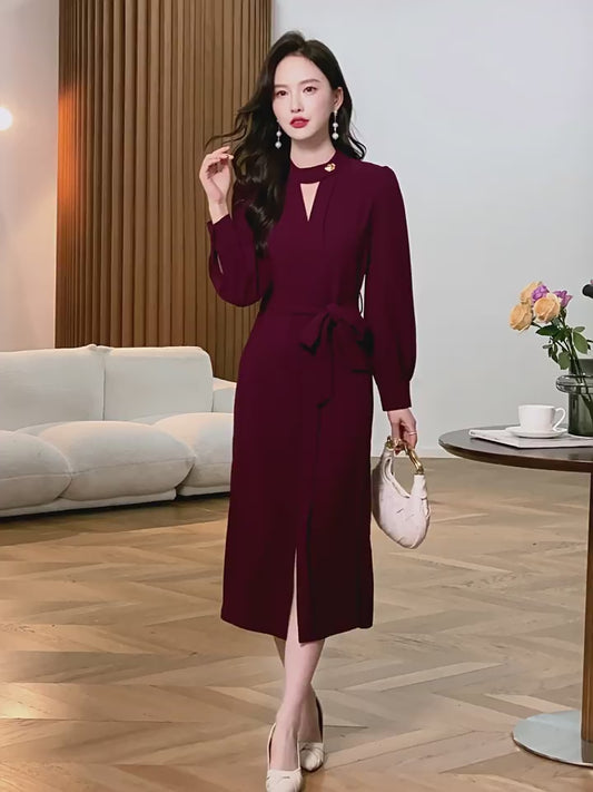 2025春季新款知性气质安可拉红连衣裙修身显瘦系带包臀裙女